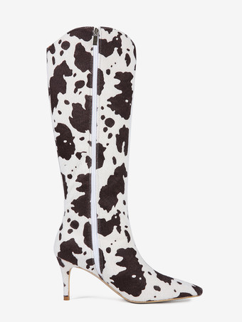 レディースニーハイブーツ ホースヘア ポインテッドトゥ 柄ハイヒールブーツ