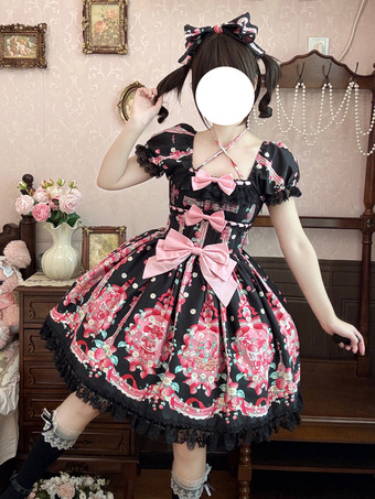 Sweet Lolita Dress Sleeveless Lace Strawberry Pattern With Bowknot