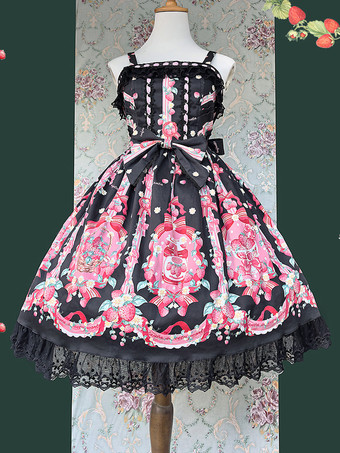 Sweet Lolita Dress Sleeveless Lace Strawberry Pattern With Bowknot