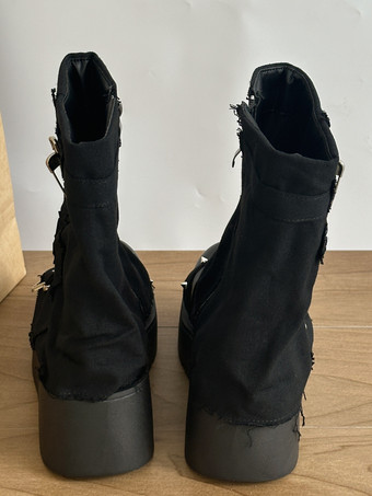 ゴシックロリータブーツ ブラック Y2K ゴシックパンク チャンキー スター刺繍 スタックロリータシューズ