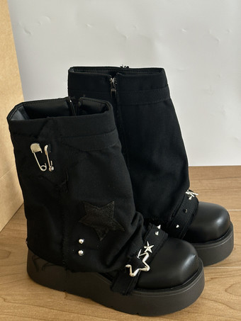 ゴシックロリータブーツ ブラック Y2K ゴシックパンク チャンキー スター刺繍 スタックロリータシューズ