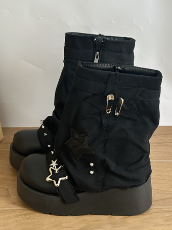 ゴシックロリータブーツ ブラック Y2K ゴシックパンク チャンキー スター刺繍 スタックロリータシューズ