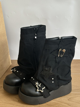 ゴシックロリータブーツ ブラック Y2K ゴシックパンク チャンキー スター刺繍 スタックロリータシューズ