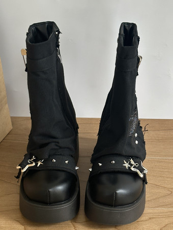 ゴシックロリータブーツ ブラック Y2K ゴシックパンク チャンキー スター刺繍 スタックロリータシューズ