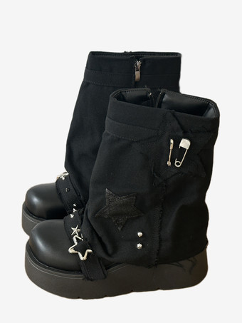 ブラック ゴシックロリータブーツ ブラック Y2K ゴシックパンク チャンキー スター刺繍 スタックロリータシューズ