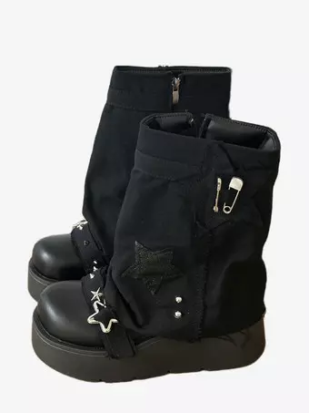 ゴシックロリータブーツメタリックバックルリベットレースアップ