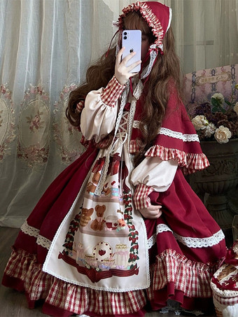 Christmas Sweet Lolita Dresses Long Sleeves Lace Up Headwear Sweet Ruffles Red Plaid Lolita Dress Cape Sets