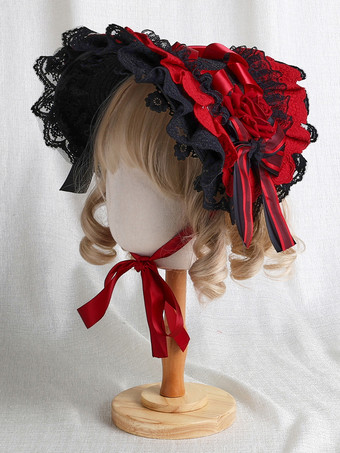 Sombrero gótico de lolita con cordones rojo y negro bicolor poliéster accesorios de lolita negros.