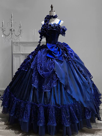 ブルー ゴシックウェディングロリータドレス フリルリボン 赤白ガウン