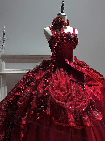 ゴシックウェディングロリータドレス フリルリボン 赤白ガウン