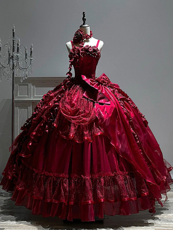 ゴシックウェディングロリータドレス フリルリボン 赤白ガウン