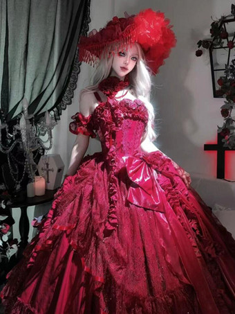 レッド ゴシックウェディングロリータドレス フリルリボン 赤白ガウン