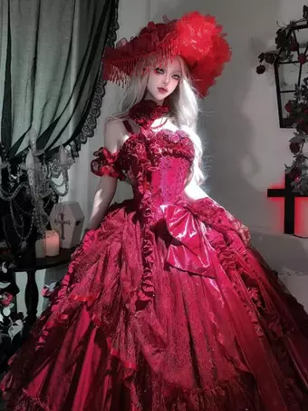 ゴシックウェディングロリータドレス フリルリボン 赤白ガウン