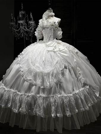 ホワイト ゴシックウェディングロリータドレス フリルリボン 赤白ガウン