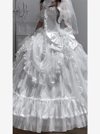 ゴシックウェディングロリータドレス フリルリボン 赤白ガウン