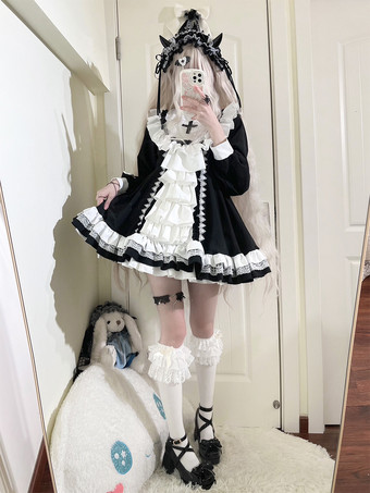 Vestidos góticos de lolita con volantes disfraces de monja en blanco y negro vestido de manga larga