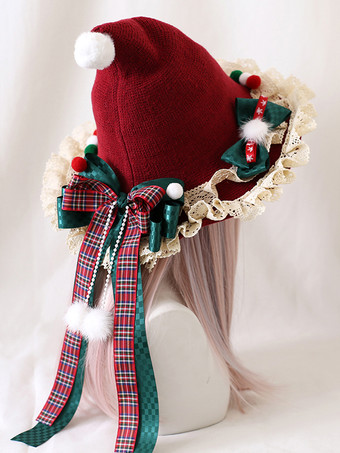 Chapeau de sorcière de Noël Lolita Bowknot Bonnet de sorcière en peluche et dentelle
