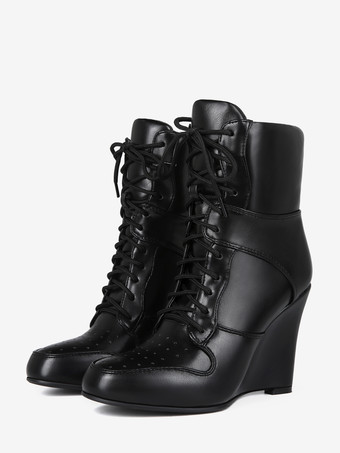 ブラックウェッジブーツ レディース ポインテッドトゥ レースアップブーツ
