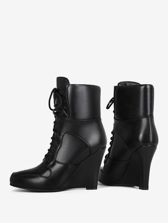 ブラックウェッジブーツ レディース ポインテッドトゥ レースアップブーツ