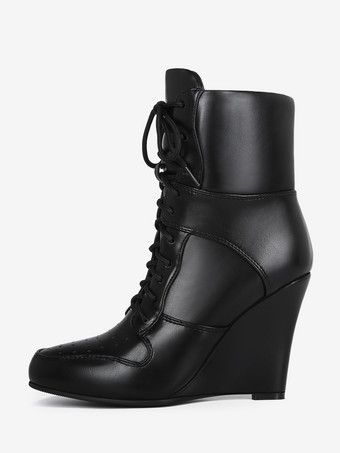 ブラックウェッジブーツ レディース ポインテッドトゥ レースアップブーツ