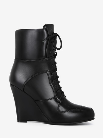 ブラックウェッジブーツ レディース ポインテッドトゥ レースアップブーツ