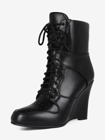 ブラック ブラックウェッジブーツ レディース ポインテッドトゥ レースアップブーツ
