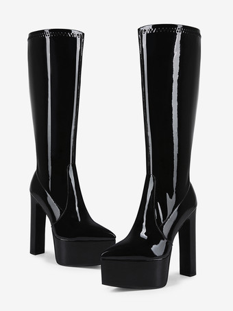 レディース ブラック ニーハイブーツ プラットフォーム ニーハイ チャンキーヒール ドラッグクイーンブーツ