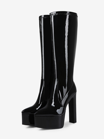 ブラック レディース ブラック ニーハイブーツ プラットフォーム ニーハイ チャンキーヒール ドラッグクイーンブーツ