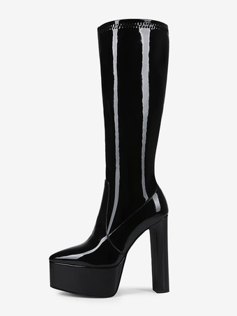 レディース ブラック ニーハイブーツ プラットフォーム ニーハイ チャンキーヒール ドラッグクイーンブーツ
