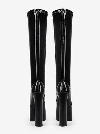 レディース ブラック ニーハイブーツ プラットフォーム ニーハイ チャンキーヒール ドラッグクイーンブーツ
