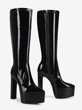 レディース ブラック ニーハイブーツ プラットフォーム ニーハイ チャンキーヒール ドラッグクイーンブーツ