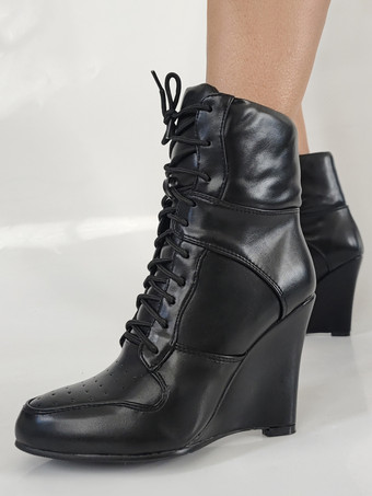 ブラックウェッジブーツ レディース ポインテッドトゥ レースアップブーツ