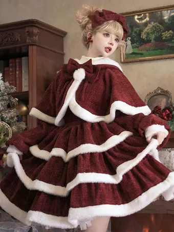 ゴシックロリータドレス 花 フリル バーガンディ バーガンディ