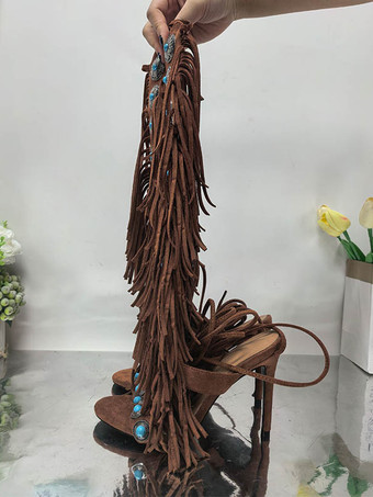 ボヘミアン グラディエーターサンダル レディース オープントゥ スエード ビーズ ハイヒール サンダル シューズ タッセル付き