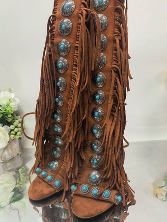 ボヘミアン グラディエーターサンダル レディース オープントゥ スエード ビーズ ハイヒール サンダル シューズ タッセル付き