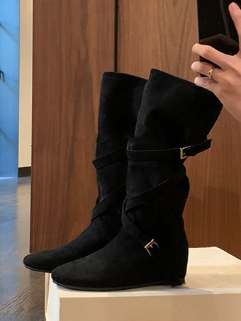 negro Botas de gamuza hasta la rodilla para mujer con punta redonda detalle de hebilla botas planas cruzadas