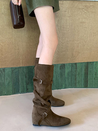 Botas de gamuza hasta la rodilla para mujer con punta redonda detalle de hebilla botas planas cruzadas