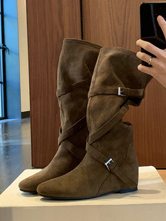 Verde olivaBotas de gamuza hasta la rodilla para mujer con punta redonda detalle de hebilla botas planas cruzadas