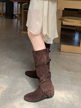 marrón oscuroBotas de gamuza hasta la rodilla para mujer con punta redonda detalle de hebilla botas planas cruzadas