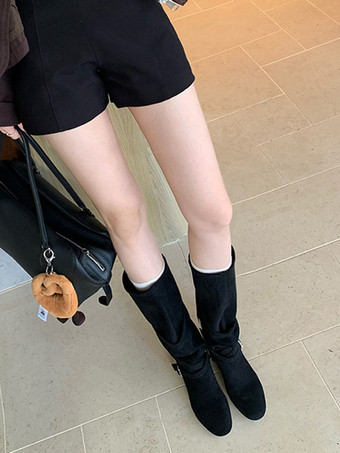 Botas de gamuza hasta la rodilla para mujer con punta redonda detalle de hebilla botas planas cruzadas