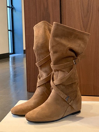 MarrónBotas de gamuza hasta la rodilla para mujer con punta redonda detalle de hebilla botas planas cruzadas