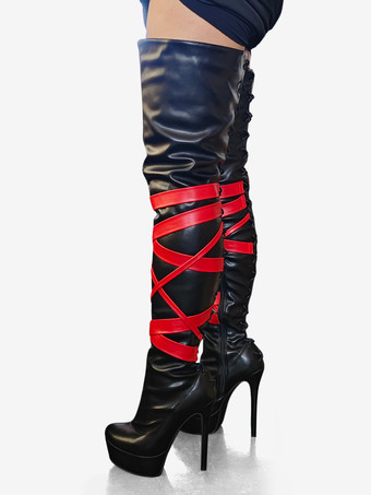 ブラックセクシーブーツ ユニセックス プラットフォーム オープントゥ ハイヒール オーバーニーブーツ