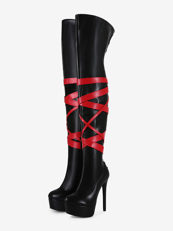 ブラックセクシーブーツ ユニセックス プラットフォーム オープントゥ ハイヒール オーバーニーブーツ