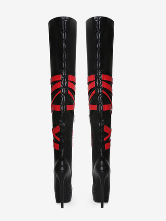 ブラックセクシーブーツ ユニセックス プラットフォーム オープントゥ ハイヒール オーバーニーブーツ