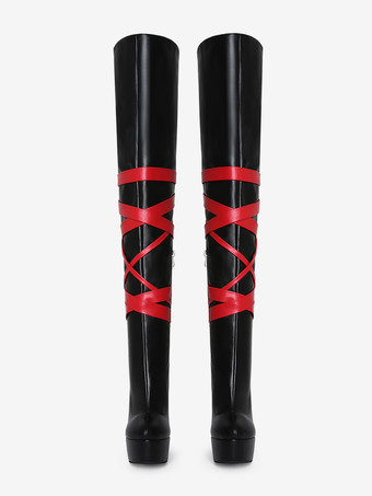 ブラックセクシーブーツ ユニセックス プラットフォーム オープントゥ ハイヒール オーバーニーブーツ