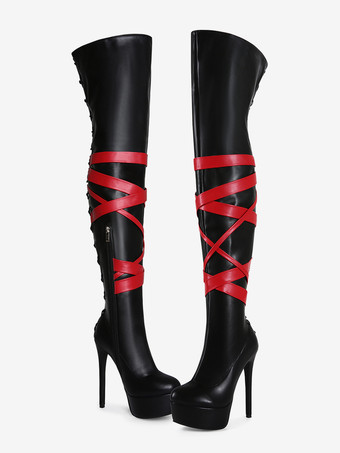 ブラックセクシーブーツ ユニセックス プラットフォーム オープントゥ ハイヒール オーバーニーブーツ