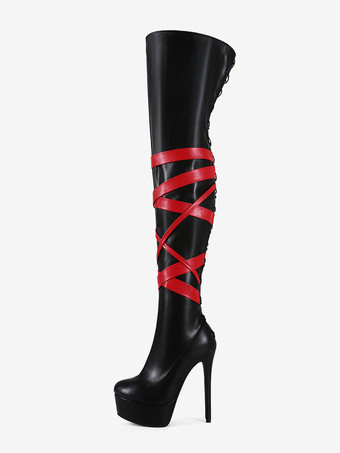 ブラック ブラックセクシーブーツ ユニセックス プラットフォーム オープントゥ ハイヒール オーバーニーブーツ