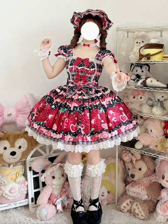 ブラック スイートロリータドレス ノースリーブ ピンク フルーツ柄 ロリータドレス