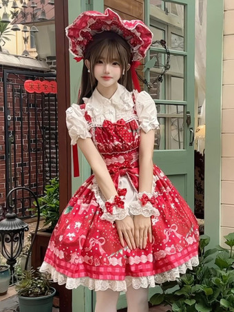 レッド スイートロリータドレス ノースリーブ ピンク フルーツ柄 ロリータドレス