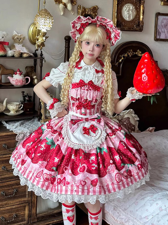 スイートロリータドレス ノースリーブ ピンク フルーツ柄 ロリータドレス